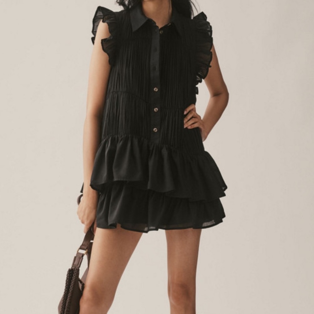 Anthropologie Sleeveless Ruffle Mini Shirt Dress Black Button Cotton Collar NWOT - Picture 1 of 13